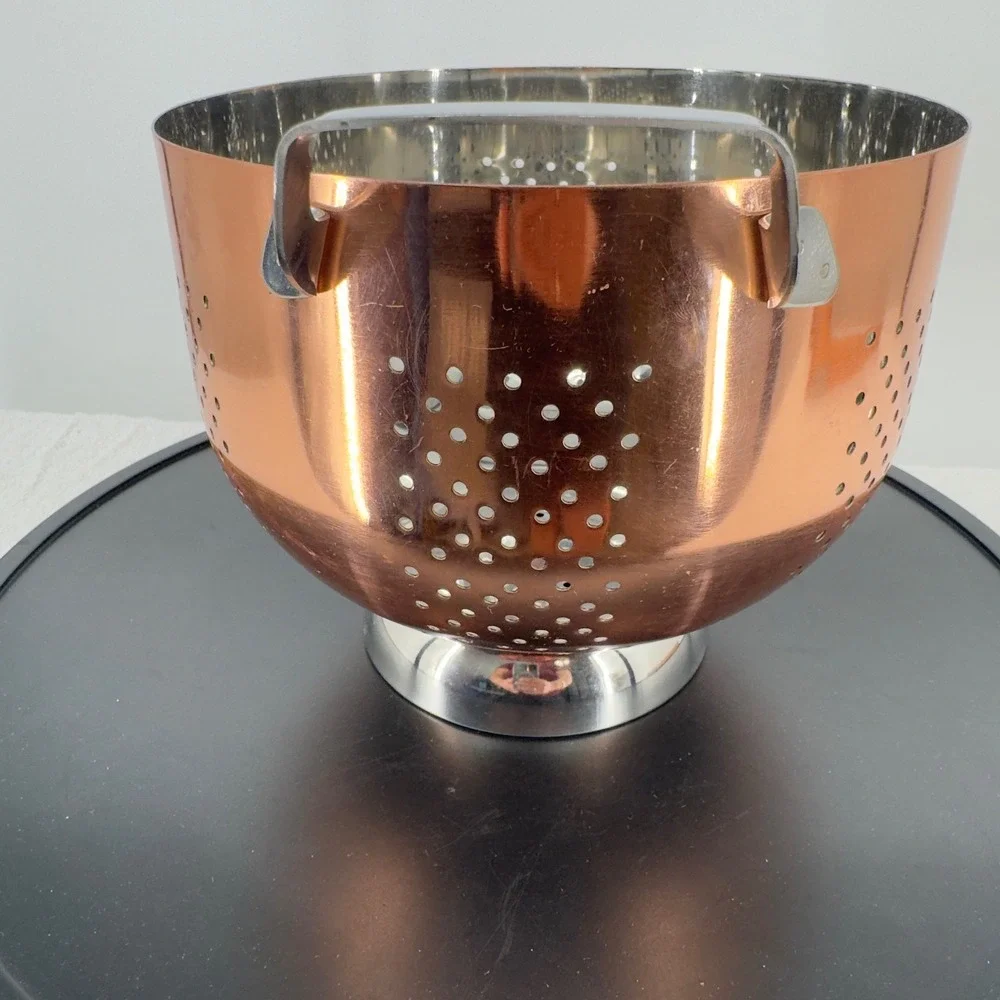 Vintage Copper Stainless Steel Footed Colander Strainer with Handle 8.5 Inch